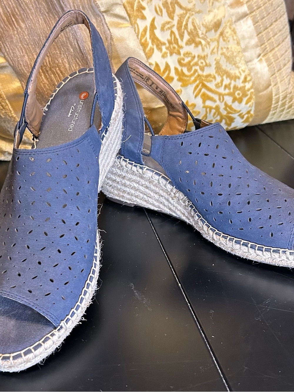 Clarks Blue Perforated Espadrille Wedge Sandals